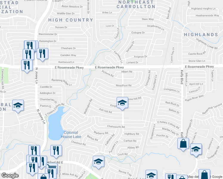 map of restaurants, bars, coffee shops, grocery stores, and more near 2027 Lymington Road in Carrollton