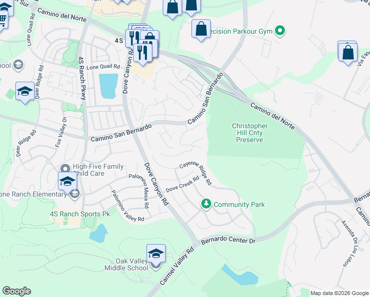 map of restaurants, bars, coffee shops, grocery stores, and more near 10735 Santa Tomasa Avenue in San Diego