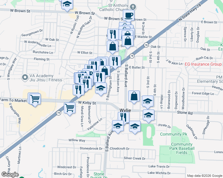 map of restaurants, bars, coffee shops, grocery stores, and more near 509 South Birmingham Street in Wylie