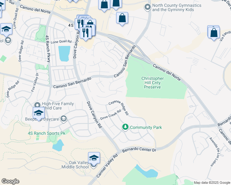 map of restaurants, bars, coffee shops, grocery stores, and more near 10735 Santa Tomasa Avenue in San Diego