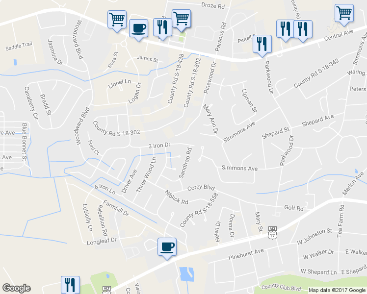 map of restaurants, bars, coffee shops, grocery stores, and more near 211 3 Iron Drive in Summerville