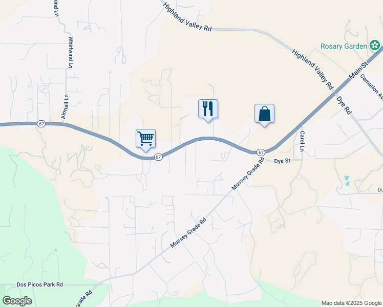 map of restaurants, bars, coffee shops, grocery stores, and more near 15958 Wood Rock Lane in Ramona