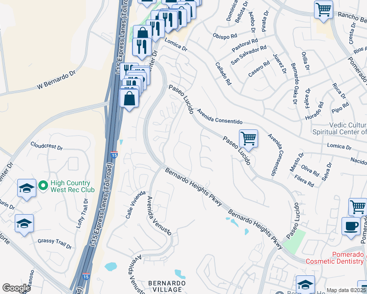 map of restaurants, bars, coffee shops, grocery stores, and more near 11959 Calle Suntuoso in San Diego