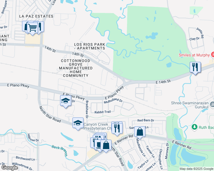 map of restaurants, bars, coffee shops, grocery stores, and more near 1201 Bravura Drive in Plano
