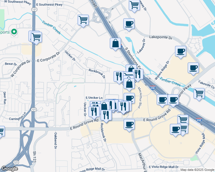 map of restaurants, bars, coffee shops, grocery stores, and more near 352 Oakbend Drive in Lewisville