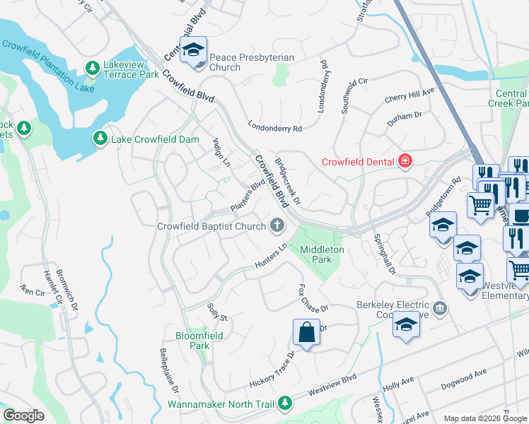 map of restaurants, bars, coffee shops, grocery stores, and more near 127 Chownings Lane in Goose Creek