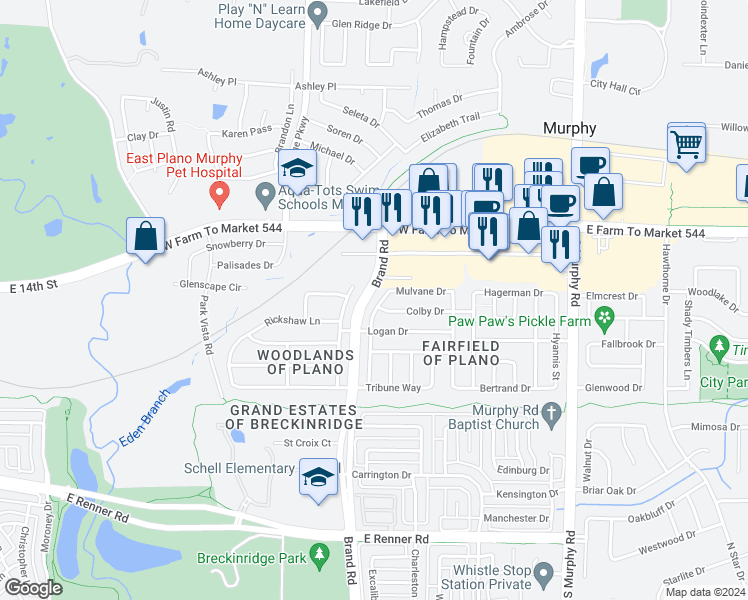 map of restaurants, bars, coffee shops, grocery stores, and more near 1141 Nickerson Lane in Plano
