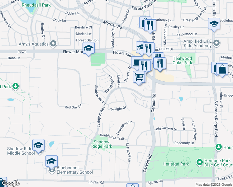 map of restaurants, bars, coffee shops, grocery stores, and more near 1716 Shadywood Court in Flower Mound