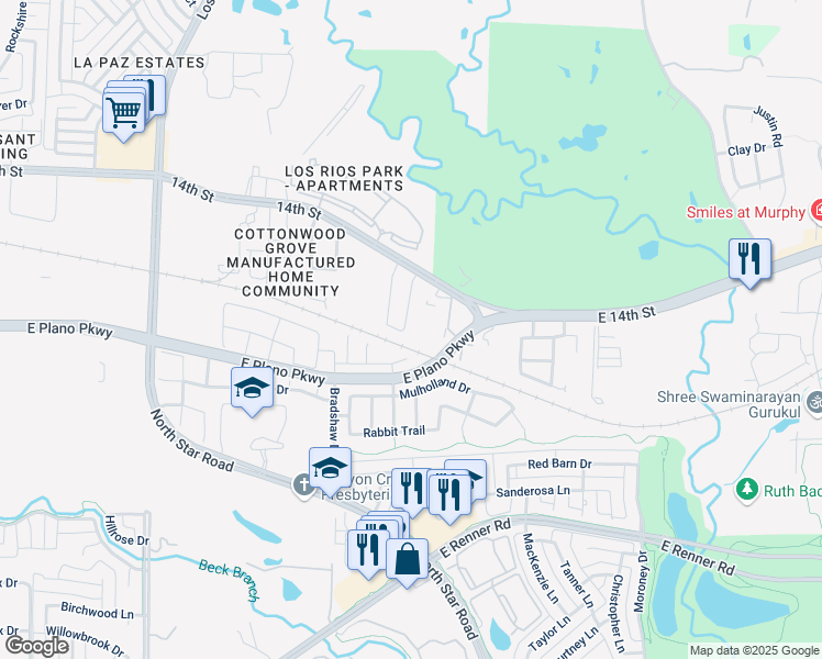 map of restaurants, bars, coffee shops, grocery stores, and more near 1201 Bravura Drive in Plano
