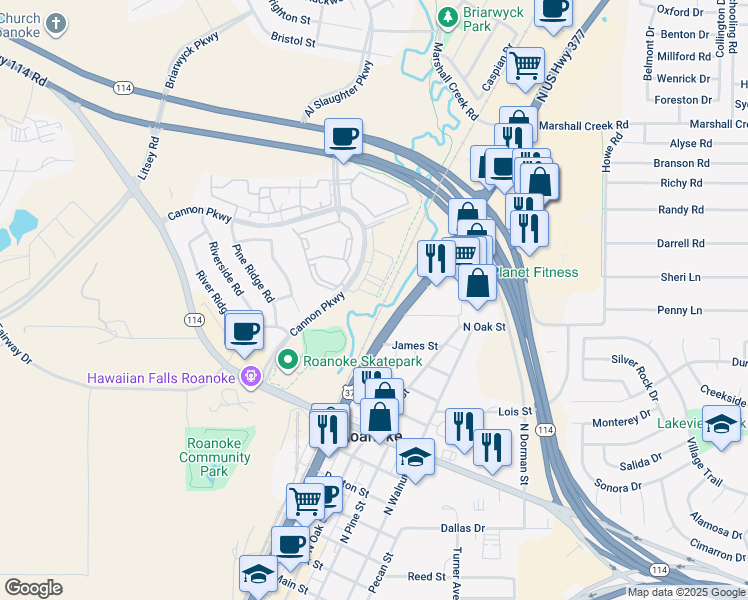 map of restaurants, bars, coffee shops, grocery stores, and more near 1000 Cannon Parkway in Roanoke