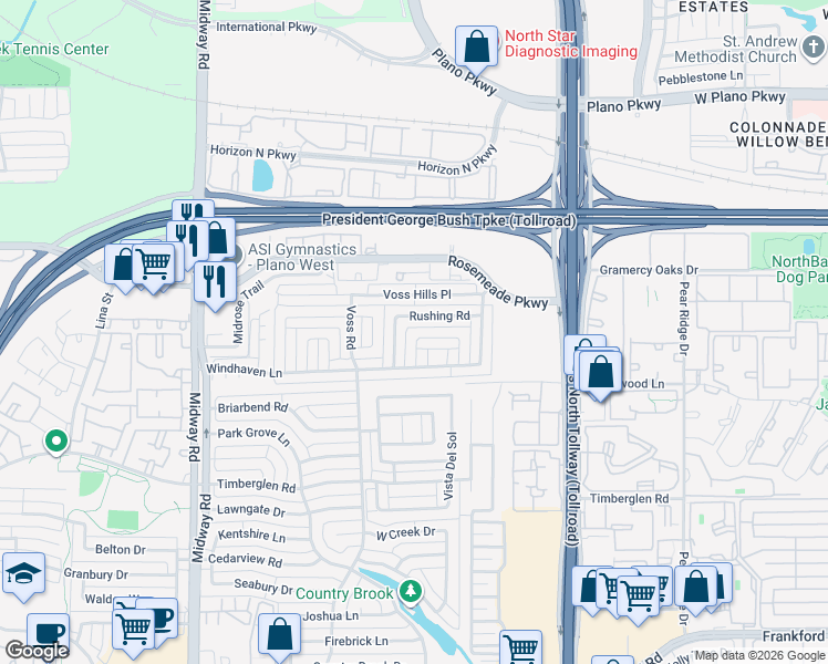 map of restaurants, bars, coffee shops, grocery stores, and more near 4329 Windward Circle in Dallas