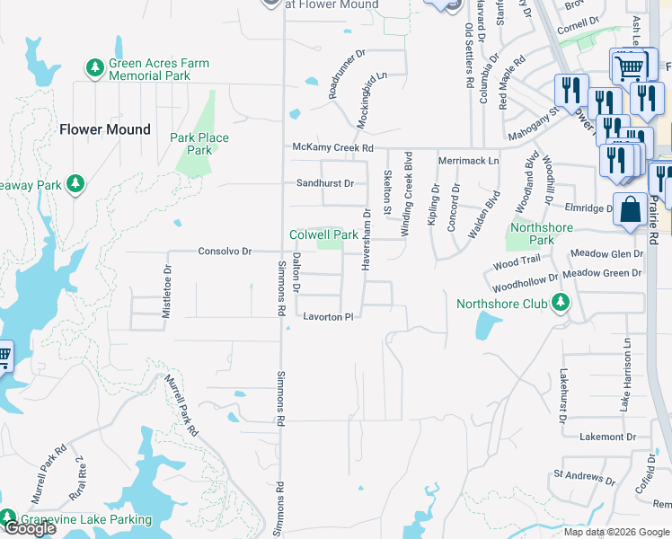 map of restaurants, bars, coffee shops, grocery stores, and more near 1801 Southwicke Drive in Flower Mound