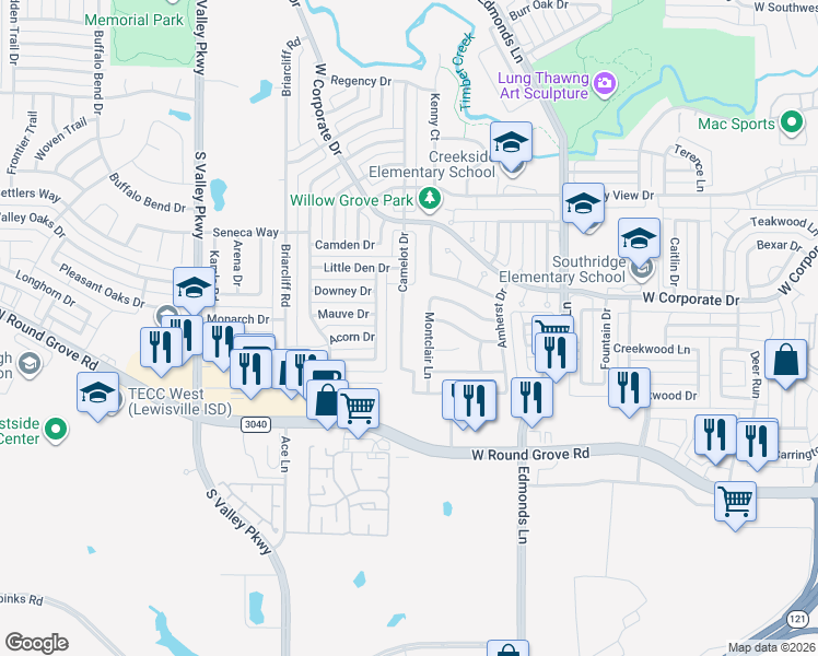 map of restaurants, bars, coffee shops, grocery stores, and more near 2097 Camelot Drive in Lewisville
