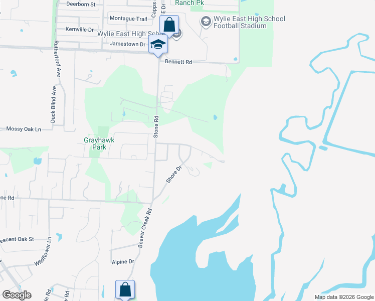 map of restaurants, bars, coffee shops, grocery stores, and more near 531 Shore Dr in Wylie