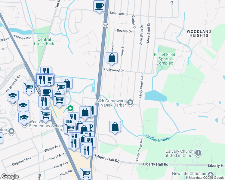 map of restaurants, bars, coffee shops, grocery stores, and more near 119 Blossom St in Goose Creek