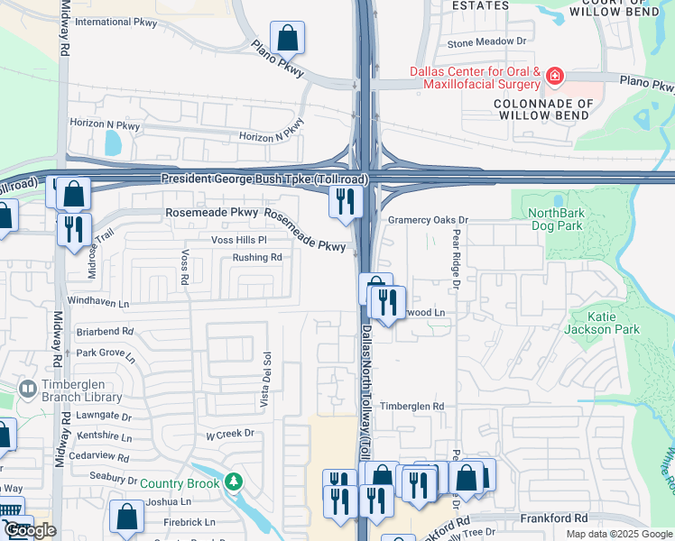 map of restaurants, bars, coffee shops, grocery stores, and more near 19111 Dallas Parkway in Dallas