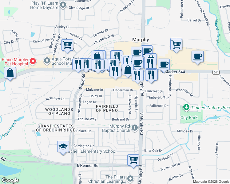 map of restaurants, bars, coffee shops, grocery stores, and more near 1117 Ruby Street in Plano