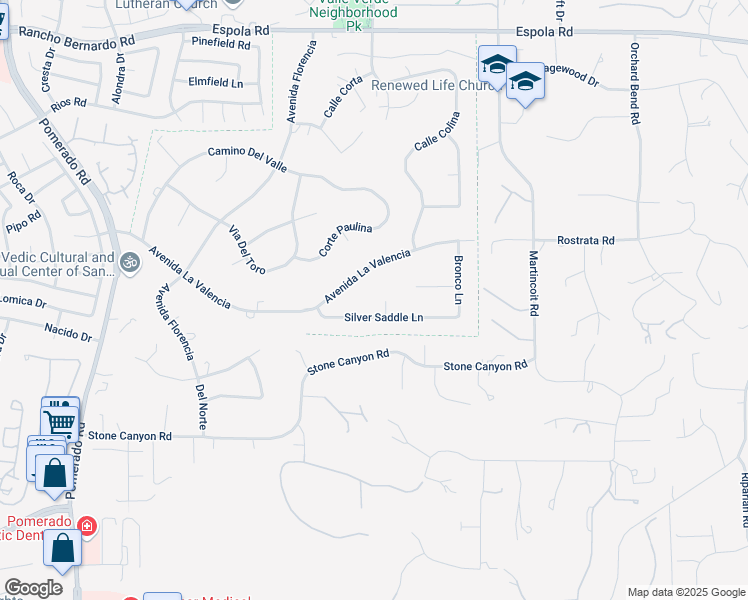 map of restaurants, bars, coffee shops, grocery stores, and more near 16410 Silver Saddle Court in Poway
