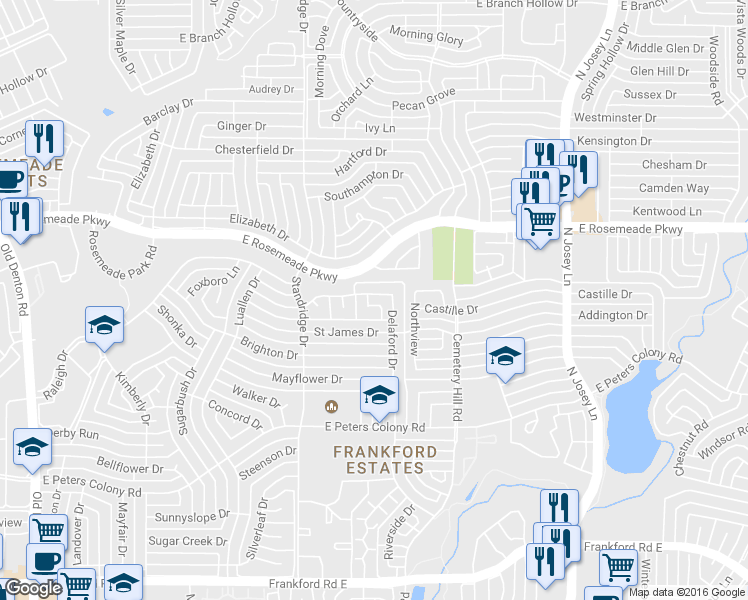 map of restaurants, bars, coffee shops, grocery stores, and more near 1736 Delaford Court in Carrollton