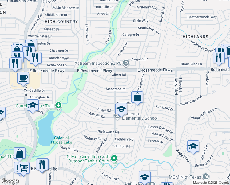 map of restaurants, bars, coffee shops, grocery stores, and more near 3400 Furneaux Lane in Carrollton