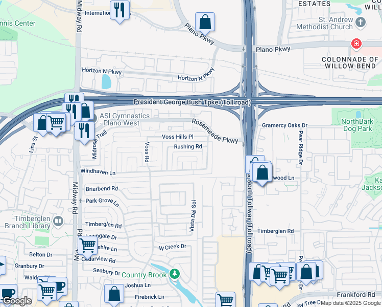 map of restaurants, bars, coffee shops, grocery stores, and more near 4405 Windward Circle in Dallas