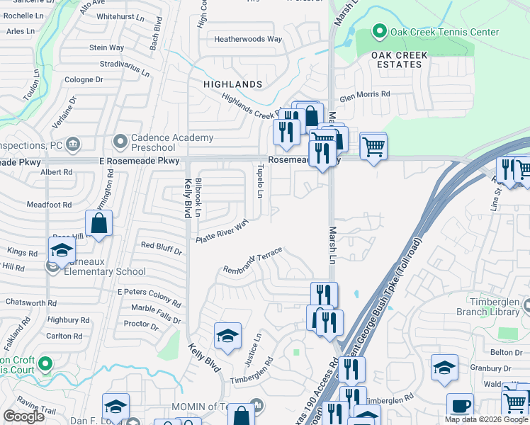 map of restaurants, bars, coffee shops, grocery stores, and more near 18826 Tupelo Lane in Dallas