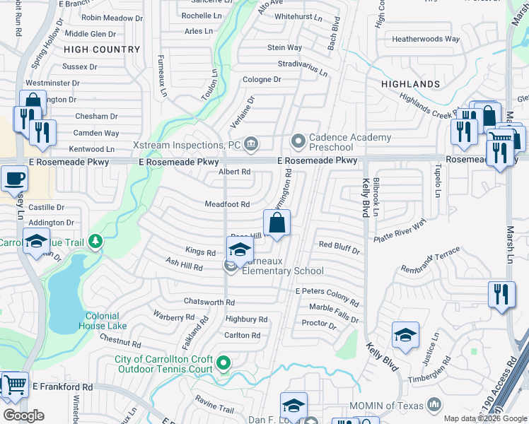 map of restaurants, bars, coffee shops, grocery stores, and more near 2100 Courtland Circle in Carrollton