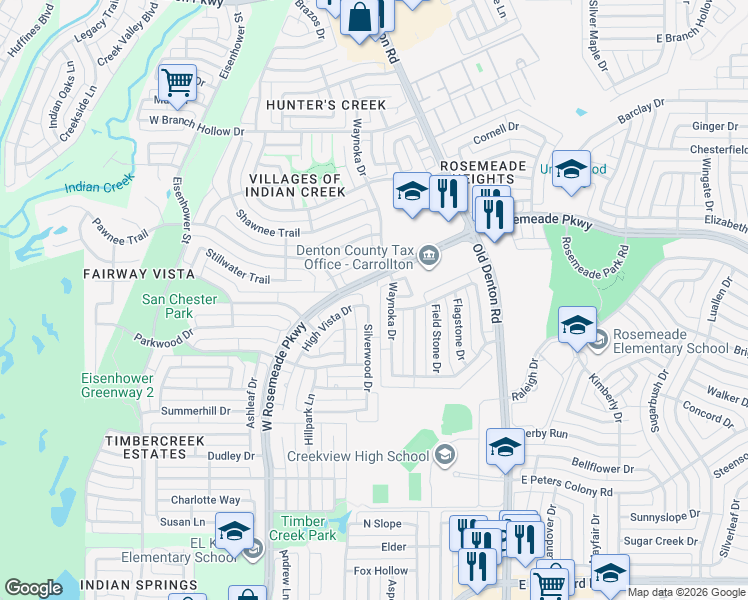 map of restaurants, bars, coffee shops, grocery stores, and more near 3633 Waynoka Drive in Carrollton