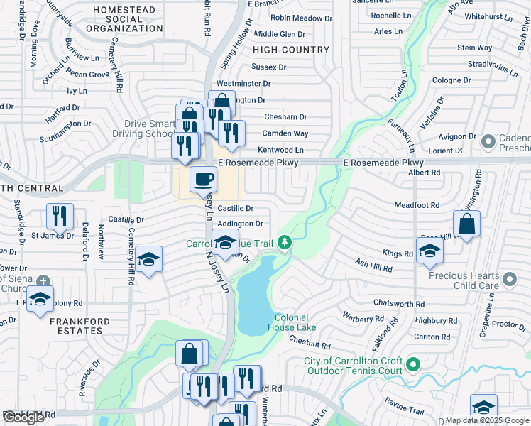 map of restaurants, bars, coffee shops, grocery stores, and more near 1924 Castille Drive in Carrollton