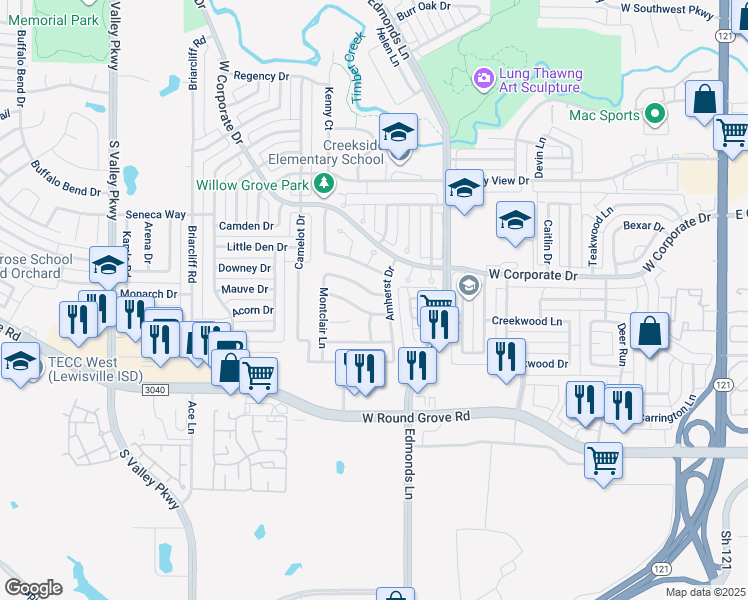 map of restaurants, bars, coffee shops, grocery stores, and more near 916 Plantation Dr in Lewisville