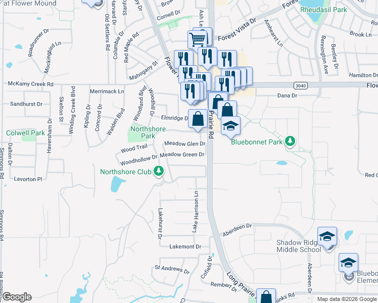 map of restaurants, bars, coffee shops, grocery stores, and more near 2800 Meadow Green Drive in Flower Mound