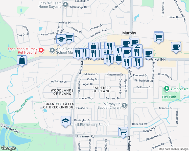 map of restaurants, bars, coffee shops, grocery stores, and more near 5916 Mulvane Drive in Plano