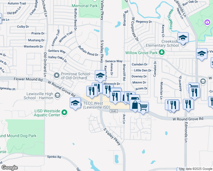 map of restaurants, bars, coffee shops, grocery stores, and more near 1042 Monarch Drive in Lewisville
