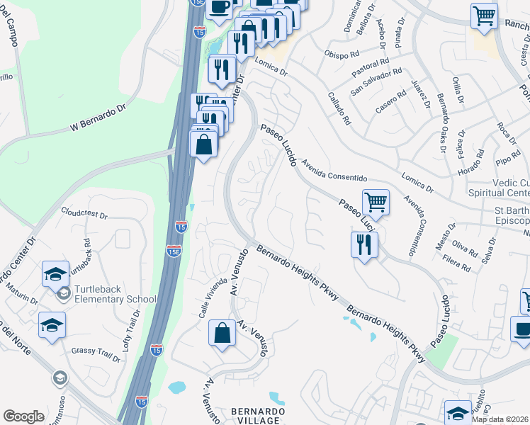 map of restaurants, bars, coffee shops, grocery stores, and more near 16314 Avenida Suavidad in San Diego