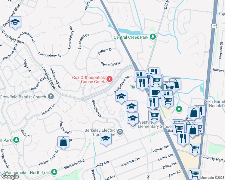 map of restaurants, bars, coffee shops, grocery stores, and more near 100 Bridgetown Road in Goose Creek