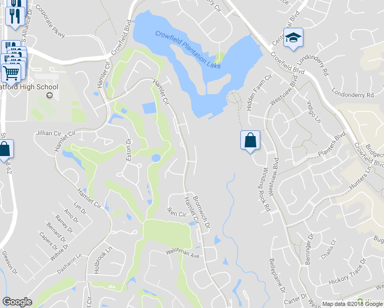 map of restaurants, bars, coffee shops, grocery stores, and more near 105 North Warwick Trce in Goose Creek