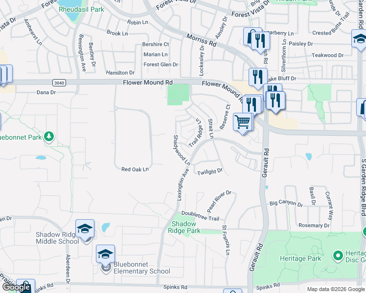 map of restaurants, bars, coffee shops, grocery stores, and more near 1727 Shadywood Lane in Flower Mound