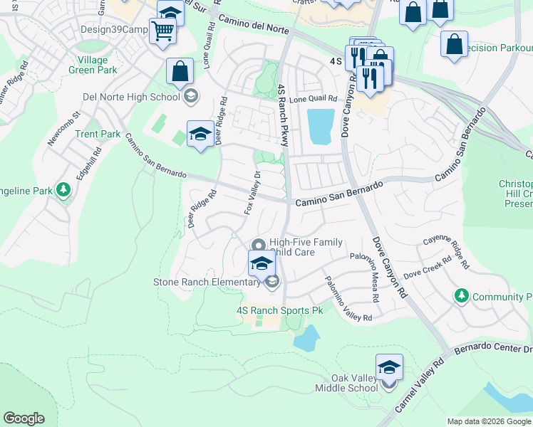 map of restaurants, bars, coffee shops, grocery stores, and more near 16367 Pinto Ridge Court in San Diego