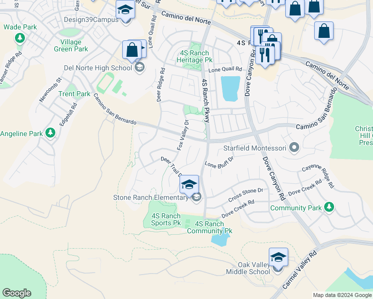 map of restaurants, bars, coffee shops, grocery stores, and more near 16356 Pinto Ridge Court in San Diego