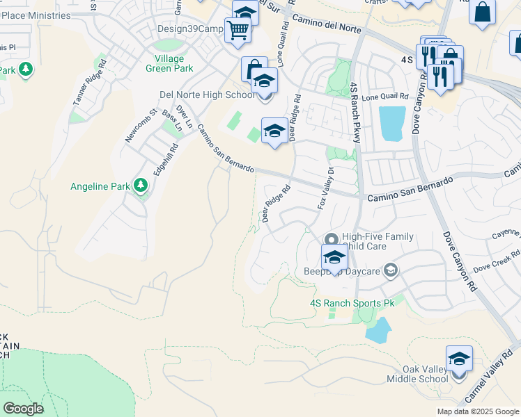 map of restaurants, bars, coffee shops, grocery stores, and more near 16308 Deer Ridge Road in San Diego