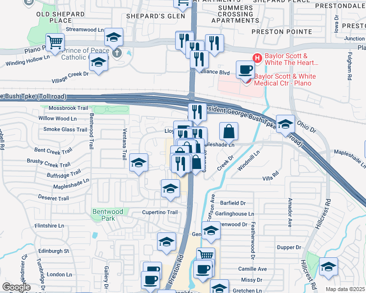 map of restaurants, bars, coffee shops, grocery stores, and more near 19177 Preston Road in Dallas