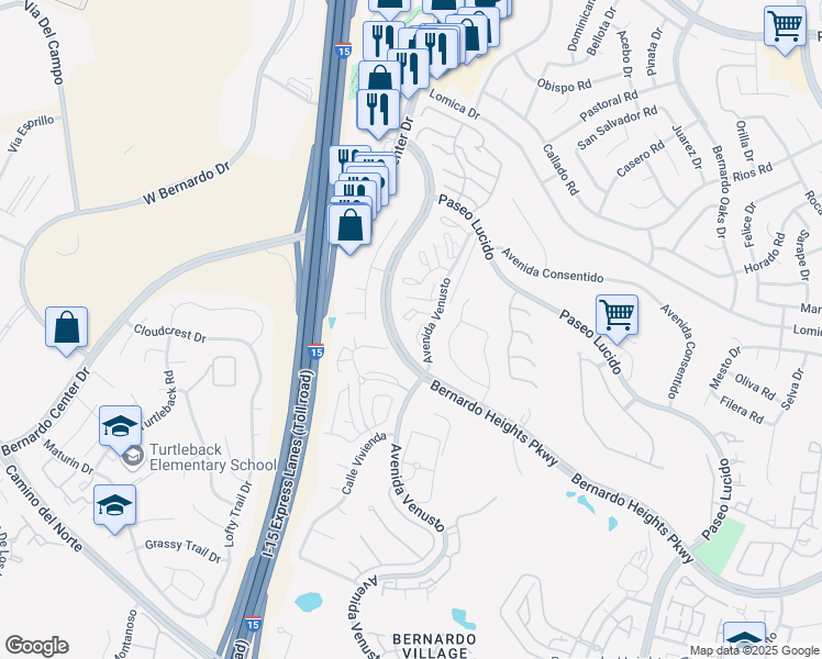 map of restaurants, bars, coffee shops, grocery stores, and more near 16226 Avenida Venusto in San Diego