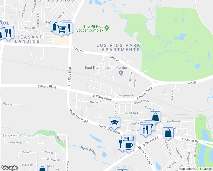 map of restaurants, bars, coffee shops, grocery stores, and more near Evenstar Way in Plano