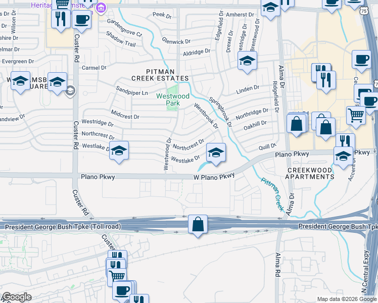 map of restaurants, bars, coffee shops, grocery stores, and more near 1608 Northcrest Drive in Plano