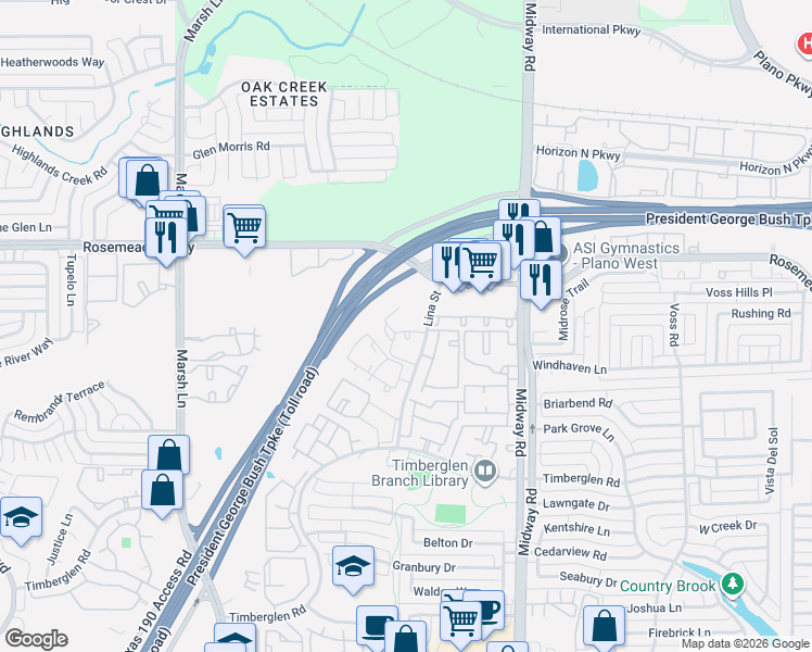 map of restaurants, bars, coffee shops, grocery stores, and more near 18959 Lina Street in Dallas