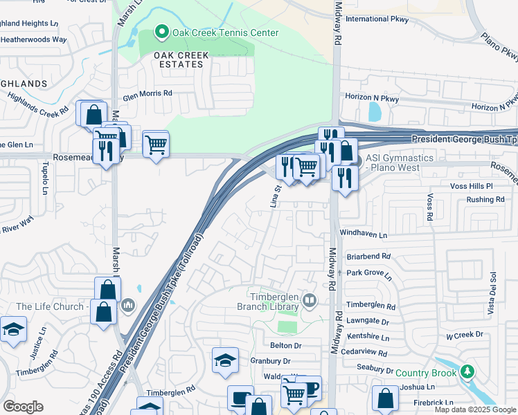 map of restaurants, bars, coffee shops, grocery stores, and more near 18959 Lina Street in Dallas