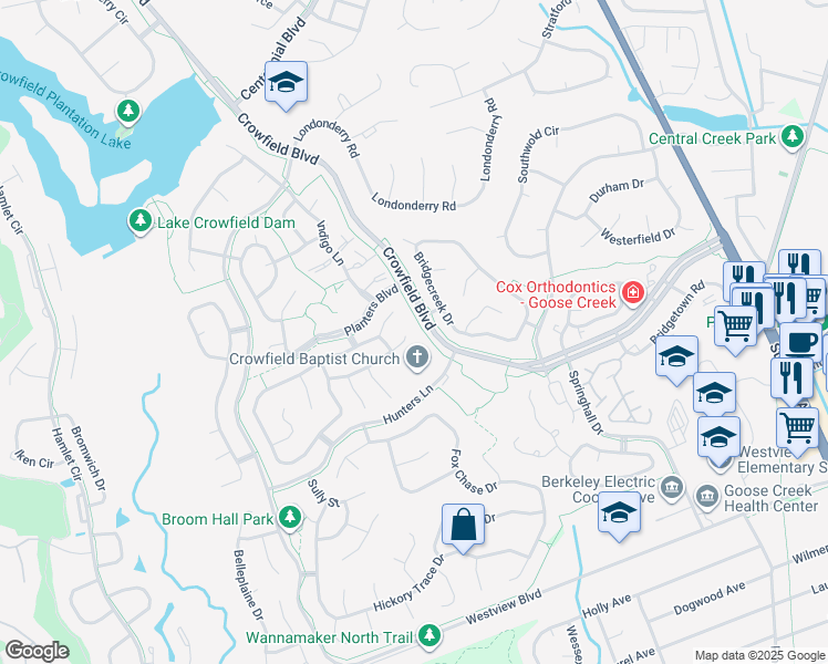 map of restaurants, bars, coffee shops, grocery stores, and more near 127 Chownings Lane in Goose Creek