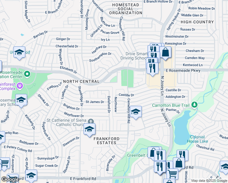 map of restaurants, bars, coffee shops, grocery stores, and more near 1739 Delaford Drive in Carrollton