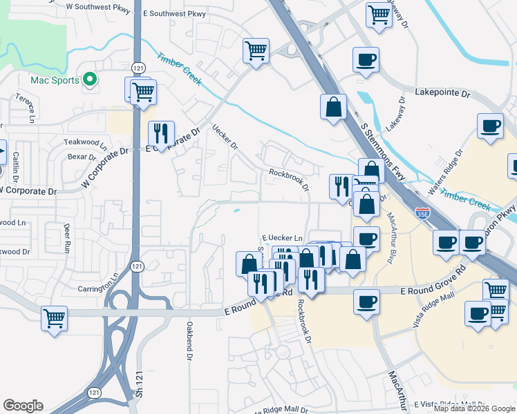 map of restaurants, bars, coffee shops, grocery stores, and more near 2200 South Uecker Lane in Lewisville