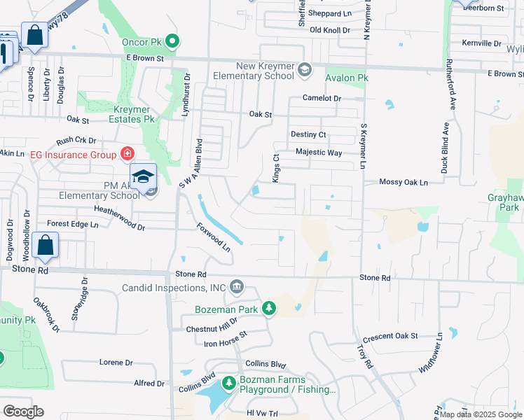 map of restaurants, bars, coffee shops, grocery stores, and more near 1365 East Stone Road in Wylie